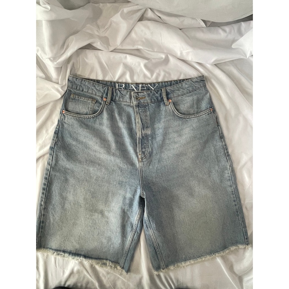 Raey Organic Cotton Oversized Denim Shorts Light Blue Raw Hem Button Fly 36